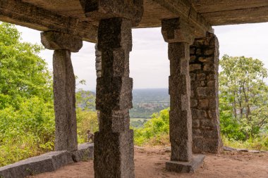 Taştan bir sütun tarlanın ortasındadır. Sütun ağaçlarla çevrilidir. Ağaçlar yeşil ve uzundur. Tamil Nadu.