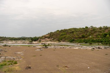 İçinden nehir akan büyük bir tepe. Tepe ağaçlarla kaplı ve nehir kahverengidir. Tamil Nadu.