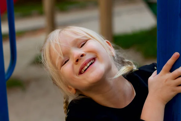 Close Portrait Adorable Blond Toddler Girl Smiling Making Faces Outdoors — Stock Photo, Image