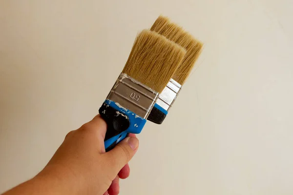 Renovation concept: two paintbrushes in the hand ready to paint light wall