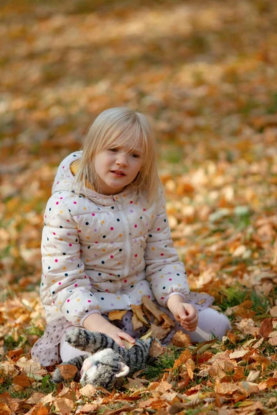 Adorabile Ragazza Bionda Seduta Foglie Gialle Cadute Che Gioca Con — Foto Stock