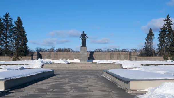 Russia, St. Petersburg, February 2019: Piskaryovskoye Memorial Cemetery. El lugar de entierro masivo de los residentes muertos durante el asedio de Leningrado . — Vídeos de Stock