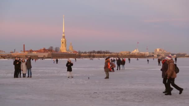 Kışın St. Petersburg. Neva Nehri buz üzerinde insanlar yürümek. — Stok video