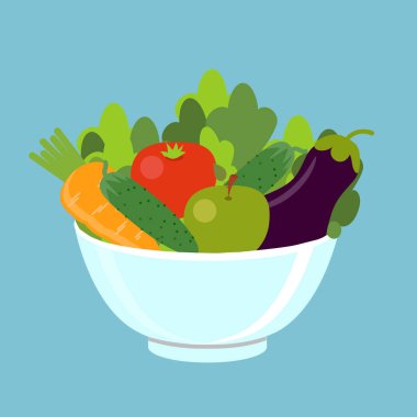 Vegan, vejetaryen. Vektör çizim. Bir tabakta sebze. Sağlıklı gıda kavramı.