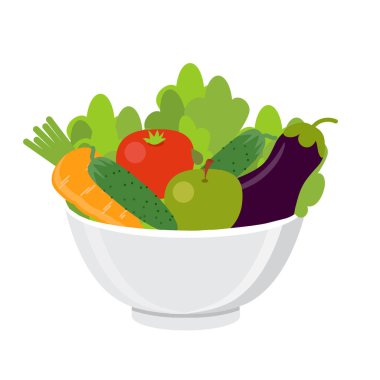 Vegan, vejetaryen. Vektör çizim. Bir tabakta sebze. Sağlıklı gıda kavramı.