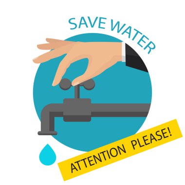 Turn off the water with man's hand isolated on background. Vector flat illustration clipart