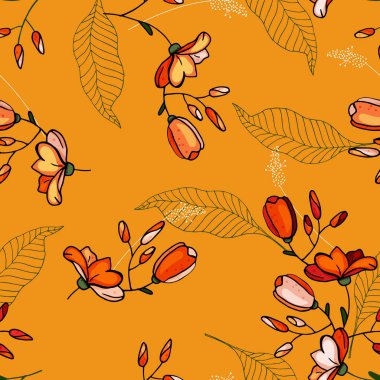 Trendy sorunsuz çiçek deseni. Antika arka plan. Duvar kağıdı. Gerçekçi çiçek açan çiçekler izole. Elle çizilmiş. Vektör çizim.