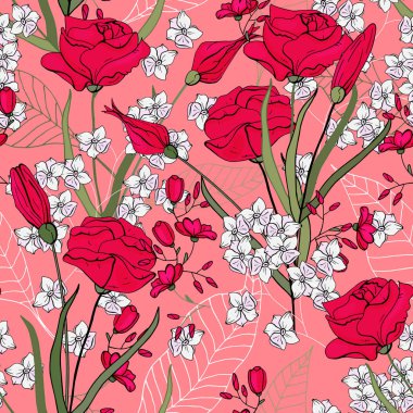 Trendy çiçek desenli. İzole seamless modeli. Antika arka plan. Duvar kağıdı. Elle çizilmiş. Vektör çizim.