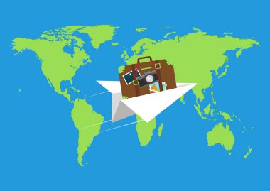 Uçak uçuş, dünya çapında tatil gezisi kavramı seyahat. Vektör çizim