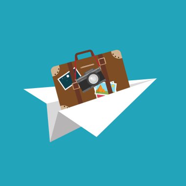 Seyahat çantası, Bagaj. Elini çıkartmaları bavulla tutar. Düz stil tasarım. Yaz saati, tatil, turizm kavramı. Vektör illustraton.