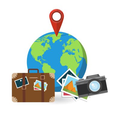 Tatil kavramı. Vektör çizim. Seyahat nesneleri. 