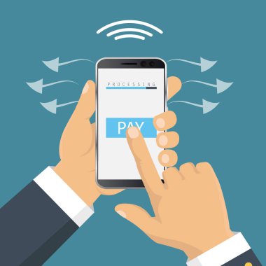Vektör çizimi. Mobil ödeme konsepti. El ele tutuşarak. Akıllı telefon kablosuz para transferi. Düz tasarım. 