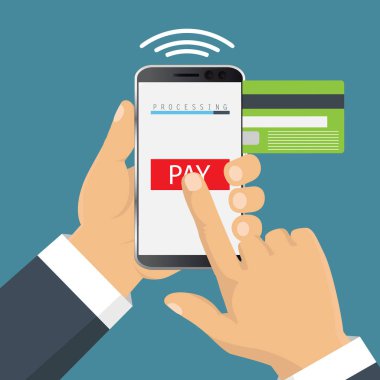 Vektör çizimi. Mobil ödeme konsepti. El ele tutuşarak. Akıllı telefon kablosuz para transferi. Düz tasarım. 