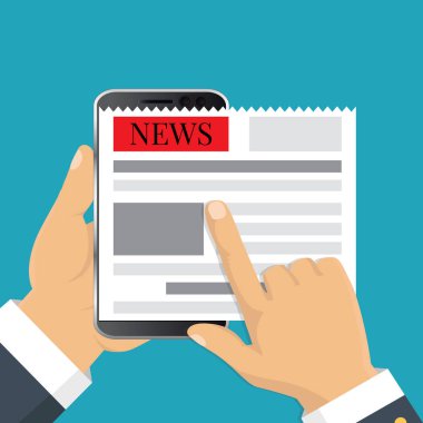 Düz tasarım. Vektör çizim. Akıllı telefon ekranında haber okuma. Hareket eden telefon ile gazete tutan el. 