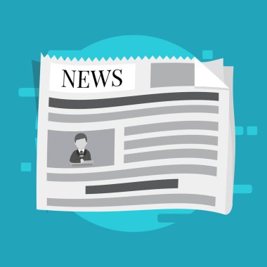 Düz vektör. Haber kavramı. Gazete, fincan kahve, akıllı telefon ve kalem. 