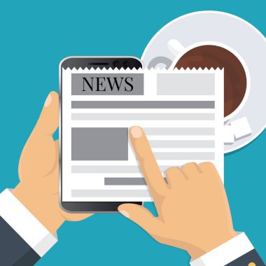 Düz tasarım. Vektör çizim. Akıllı telefon ekranında haber okuma. Hareket eden telefon ile gazete tutan el. 