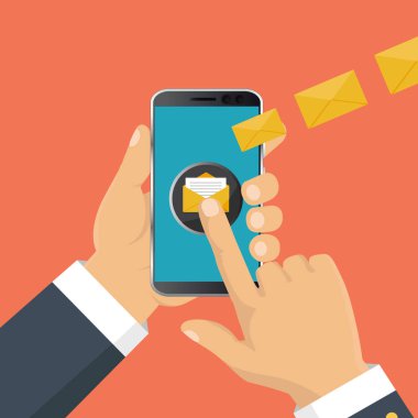 Mobil messenger sohbet, el ile bir mesaj gönderme smartphone. İzometrik düz tasarım, vektör çizim