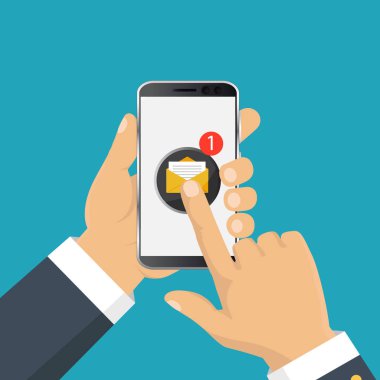 Mobil messenger sohbet, el ile bir mesaj gönderme smartphone. İzometrik düz tasarım, vektör çizim