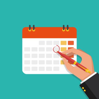 İşadamı kalem işaretleri takvimde eliyle. Vektör düz çizim