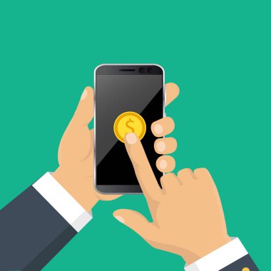 Mobil bankacılık ve online ödeme için kavram. Vektör düz çizim. Düz çizgi film tarzı. Smartphone ile para göndermek