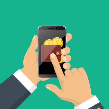 Mobil bankacılık ve online ödeme için kavram. Vektör düz çizim. Düz çizgi film tarzı. Smartphone ile para göndermek