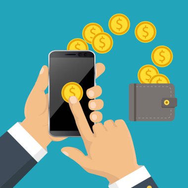 Mobil bankacılık ve online ödeme için kavram. Vektör düz çizim. Düz çizgi film tarzı. Smartphone ile para göndermek