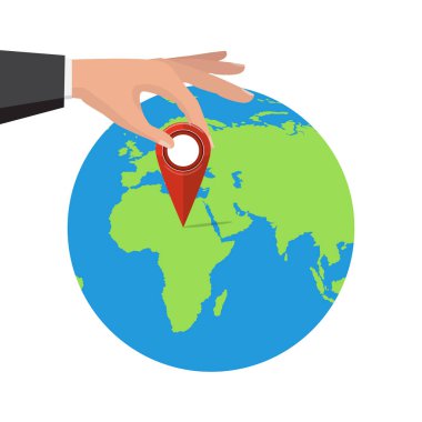 Küresel bir harita PIN konumunda. Vektör çizim. Küre işareti simgesi. Hava yoluyla ulaşım dünya çapında. 