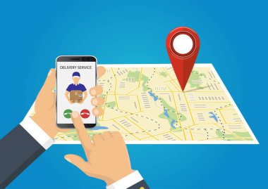 Hizmet sunumu arama bir telefon tutan el. Ücretsiz kavramı, hızlı teslimat, sevkiyat. Vektör çizim.