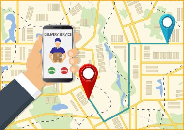 Hizmet sunumu arama bir telefon tutan el. Ücretsiz kavramı, hızlı teslimat, sevkiyat. Vektör çizim.