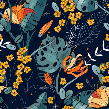 Çiçeği çiçek Dikişsiz desen. Antika arka plan. Duvar kağıdı. Gerçekçi çiçek açan çiçekler izole. Elle çizilmiş. Vektör çizim.