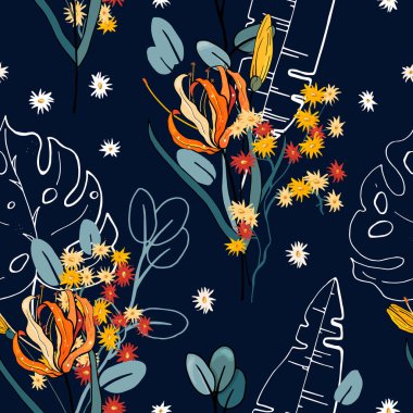 Botanik motifler. Çiçek seamless modeli. Antika arka plan. Duvar kağıdı. Gerçekçi çiçek açan çiçekler izole. Elle çizilmiş. Vektör çizim