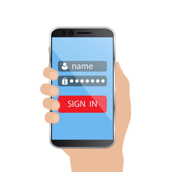 Plochý Design Vektorové Ilustrace Přihlaste Stránce Obrazovku Smartphonu Ruční Držení — Stockový vektor