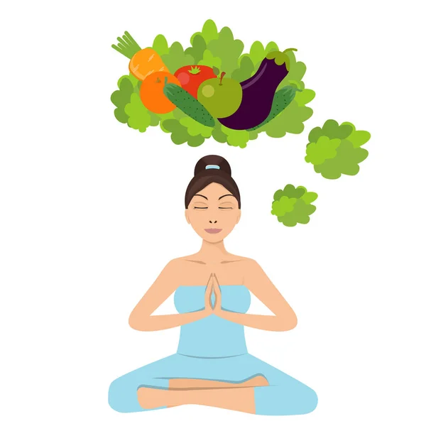 Healthy Eating Concept Woman Yoga Pose Vector Illustration Isolated Background — Stock Vector
