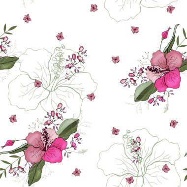 Trendy sorunsuz çiçek deseni. Antika arka plan. Duvar kağıdı. Gerçekçi çiçek açan çiçekler izole. Elle çizilmiş. Vektör çizim.