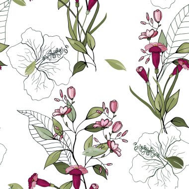 Trendy sorunsuz çiçek deseni. Antika arka plan. Duvar kağıdı. Gerçekçi çiçek açan çiçekler izole. Elle çizilmiş. Vektör çizim.