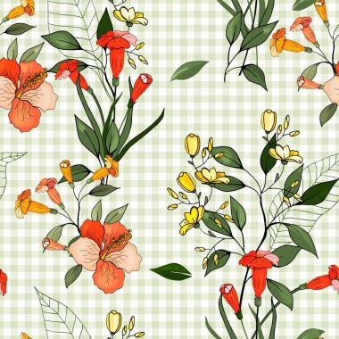 Trendy çiçek desenli. İzole seamless modeli. Antika arka plan. Duvar kağıdı. Elle çizilmiş. Vektör çizim.