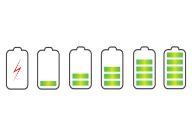 Pil şarj durumu göstergesi simgeler. Şarj telefonun batarya farklı seviyeleri ile ayarlayın. Vektör çizim.