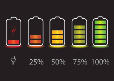 Pil şarj durumu göstergesi simgeler. Şarj telefonun batarya farklı seviyeleri ile ayarlayın. Vektör çizim.