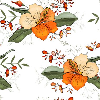 Retro vahşi sorunsuz çiçek deseni. Antika arka plan. Duvar kağıdı. Gerçekçi çiçek açan çiçekler izole. Elle çizilmiş. Vektör çizim.