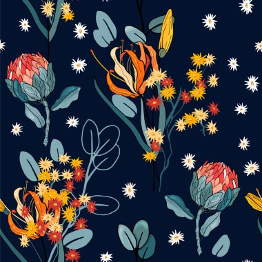 Retro vahşi sorunsuz çiçek deseni. Antika arka plan. Duvar kağıdı. Gerçekçi çiçek açan çiçekler izole. Elle çizilmiş. Vektör çizim.