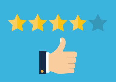 Altın yıldız rating. Geri bildirim, itibar ve kalite kavramı. Gösteren, beş yıldızlı rating için işaret parmağı bir el. Müşteri İnceleme kavramı. Vektör