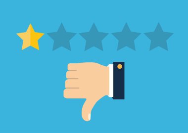 Altın yıldız rating. Geri bildirim, itibar ve kalite kavramı. Gösteren, beş yıldızlı rating için işaret parmağı bir el. Müşteri İnceleme kavramı. Vektör