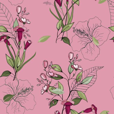 Retro vahşi sorunsuz çiçek deseni. Antika arka plan. Duvar kağıdı. Gerçekçi çiçek açan çiçekler izole. Elle çizilmiş. Vektör çizim.