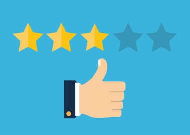 Altın yıldız rating. Geri bildirim, itibar ve kalite kavramı. Gösteren, beş yıldızlı rating için işaret parmağı bir el. Müşteri İnceleme kavramı. Vektör
