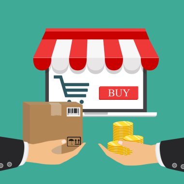 Çevrimiçi mağaza konsepti. Satış, tente ile dizüstü bilgisayar. Sipariş olline. Vektör çizim