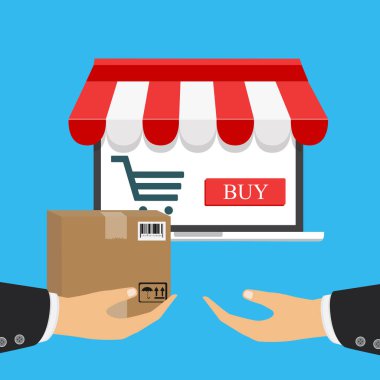 Çevrimiçi mağaza konsepti. Satış, tente ile dizüstü bilgisayar. Sipariş olline. Vektör çizim