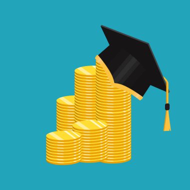 Eğitim kavramı yatırım. Lisans'ın cap ve altın sikke. Vektör çizim