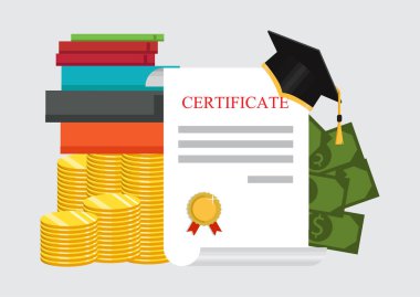 Eğitim kavramı yatırım. Lisans'ın cap ve altın sikke. Vektör çizim