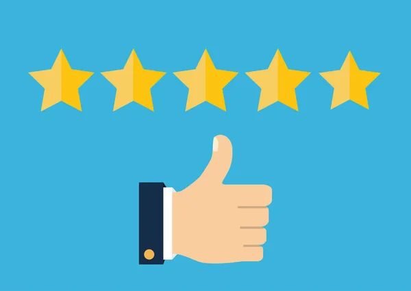 Altın yıldız rating. Geri bildirim, itibar ve kalite kavramı. Gösteren, beş yıldızlı rating için işaret parmağı bir el. Müşteri İnceleme kavramı. Vektör