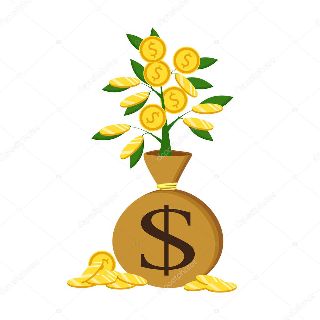 The hand of a businessman who pours a money tree. The concept of earnings, success in work, money. Vector illustration